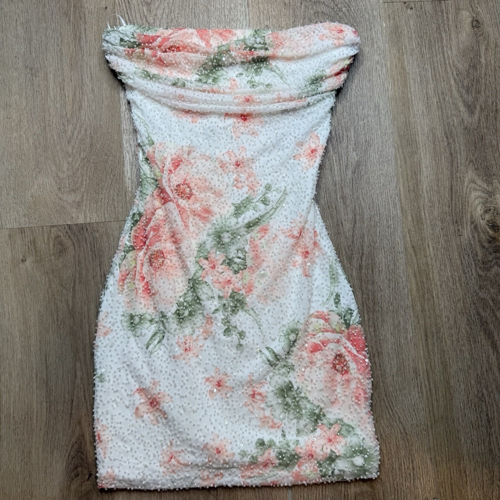 Pink Strapless Beaded Floral Bodycon Mini Dress S  NWT $89 MSRP
